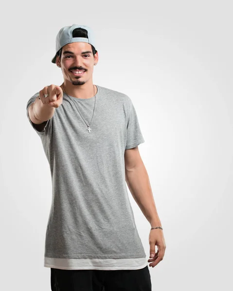 Young Rapper Man Cheerful Smiling Pointing Front — Stock Photo, Image