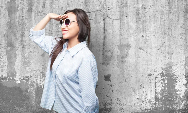 Asian Woman Looking Far Grey Background — Stock Photo, Image