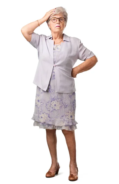 Full Body Senior Woman Worried Overwhelmed Forgetful Realize Something Expression — Stock Photo, Image