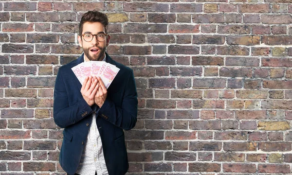 Young Man Holding Money Bills Brick Wall — Stock Photo, Image