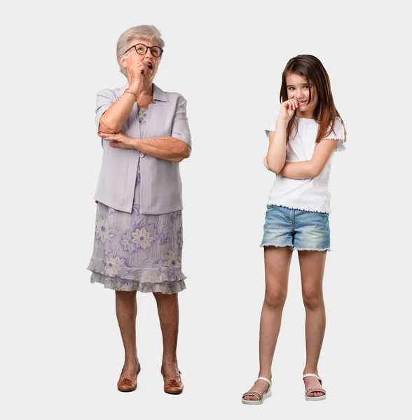 Full Body Elderly Lady Her Granddaughter Biting Nails Nervous Very — Stock Photo, Image