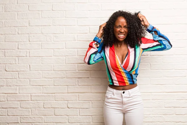 Young Black Woman Colorful Shirt Very Angry Upset Brick Wall — Stock Photo, Image