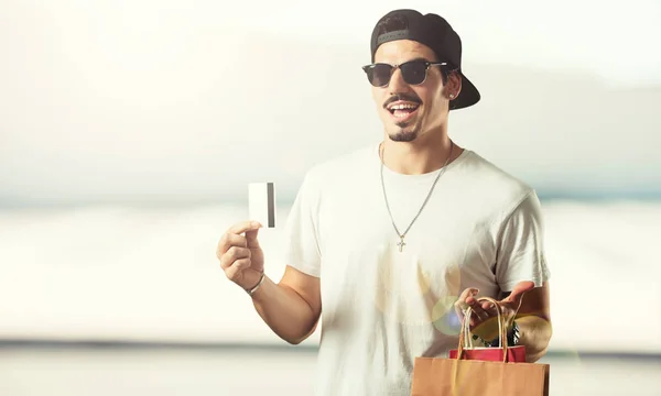 Young Rapper Man Cheerful Smiling Very Excited Holding New Bank — Stock Photo, Image