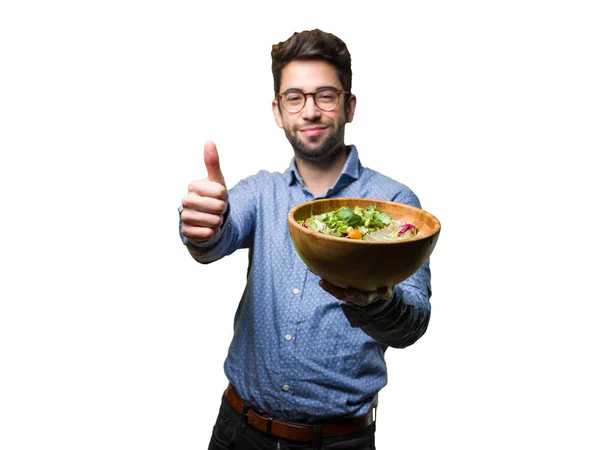 Young Man Doing Okay Gesture Holding Salad Isolated White Background — Stock Photo, Image