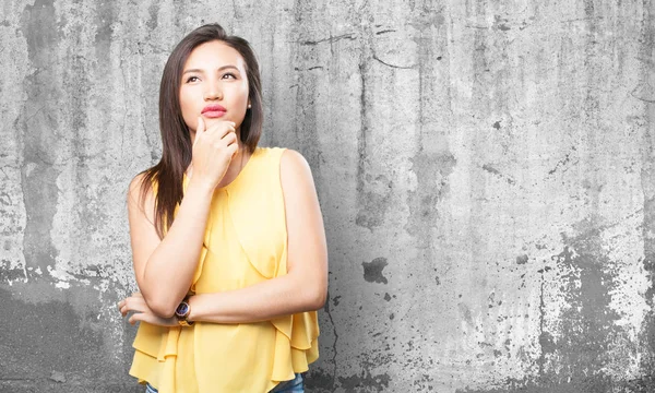 Asian Woman Thinking Grey Background — Stock Photo, Image
