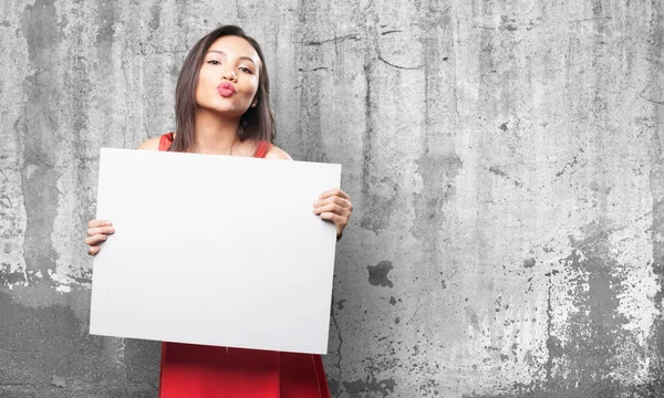 Asian Woman Red Dress Holding Copy Space Banner Grey Grunge — Stock Photo, Image