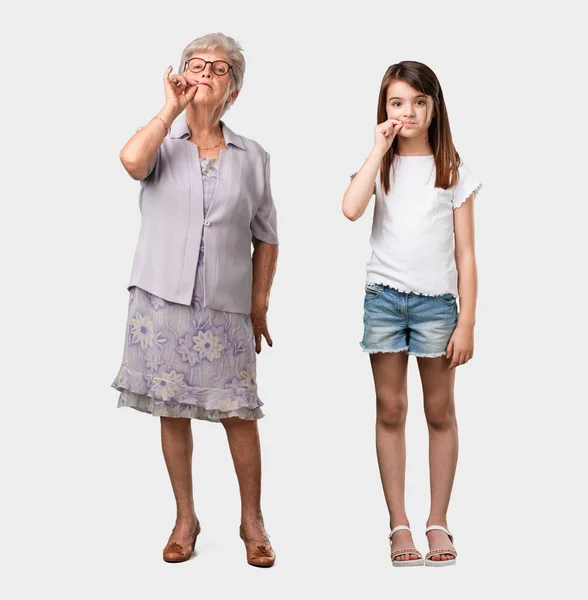 Full Body Elderly Lady Her Granddaughter Keeping Secret Asking Silence — Stock Photo, Image