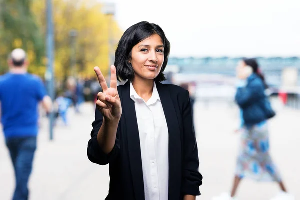 Latin Business Woman Doing Victory Gesture — Stock Photo, Image
