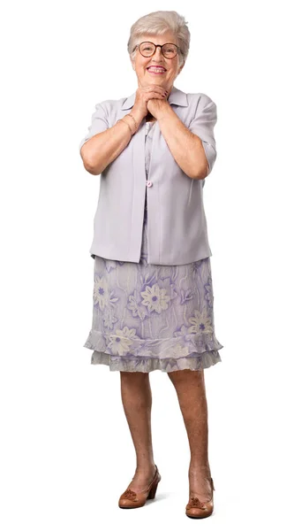 Full Body Senior Woman Very Happy Excited Raising Arms Celebrating — Stock Photo, Image