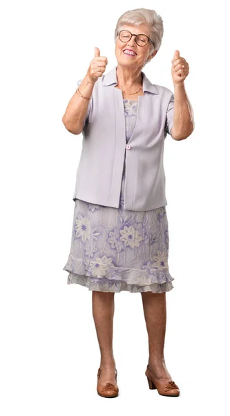Ganzkörper Seniorin Fröhlich Und Aufgeregt Lächelnd Und Mit Erhobenem Daumen — Stockfoto