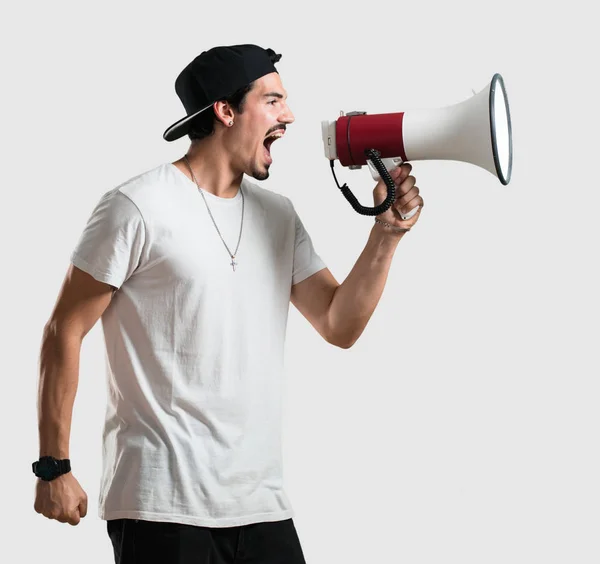 Young Rapper Man Excited Euphoric Shouting Megaphone Sign Revolution Change — Stock Photo, Image