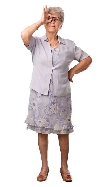 Full Body Senior Woman Cheerful Confident Doing Gesture Excited Screaming — Stock Photo, Image