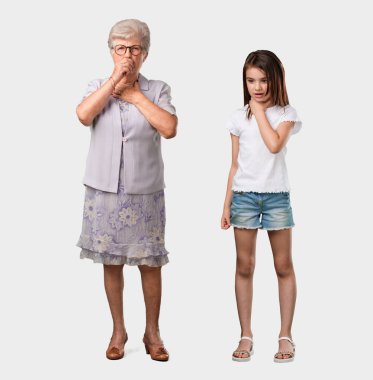 Full body of an elderly lady and her granddaughter with a sore throat, sick due to a virus, tired and overwhelmed clipart