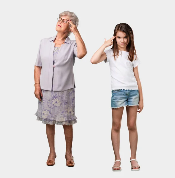 Full Body Elderly Lady Her Granddaughter Making Suicide Gesture Feeling — Stock Photo, Image