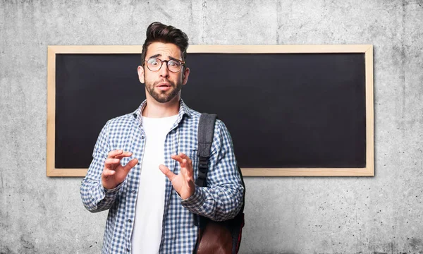 Miedo Estudiante Hombre Gris Fondo — Foto de Stock