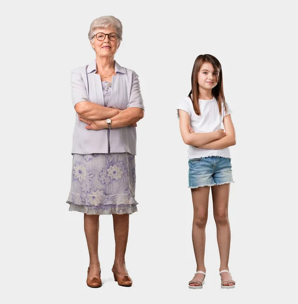 Full Body Elderly Lady Her Granddaughter Crossing His Arms Smiling — Stock Photo, Image