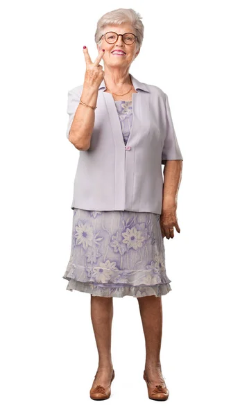 Full Body Senior Woman Fun Happy Positive Natural Makes Gesture — Stock Photo, Image