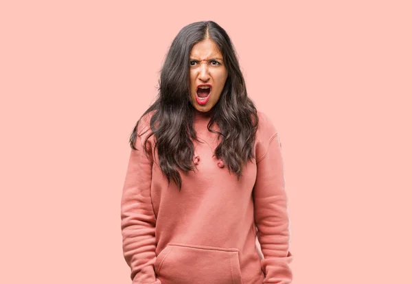 Portrait Fitness Young Indian Woman Angry Upset — Stock Photo, Image