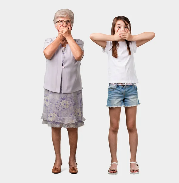 Full Body Elderly Lady Her Granddaughter Covering Mouth Symbol Silence — Stock Photo, Image