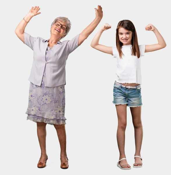 Full Body Elderly Lady Her Granddaughter Very Happy Excited Raising — Stock Photo, Image