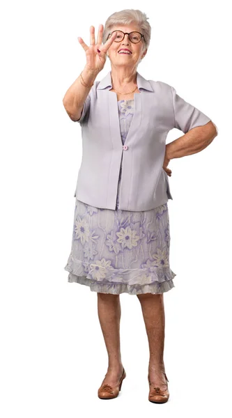 Full Body Senior Woman Showing Number Four Symbol Counting Concept — Stock Photo, Image