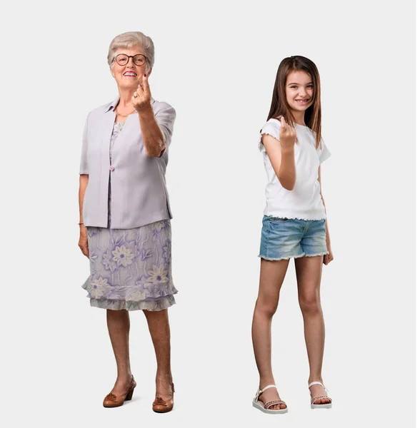 Full Body Elderly Lady Her Granddaughter Inviting Come Confident Smiling — Stock Photo, Image