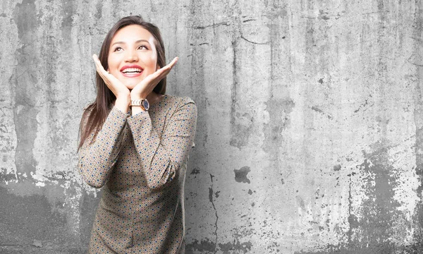 Happy Asian Woman Grey Grunge Background — Stock Photo, Image