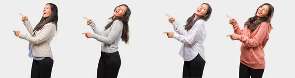 Group Collection Indian Young Woman Wearing Different Clothes Pointing Side — Stock Photo, Image