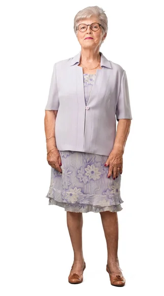 Corpo Pieno Donna Anziana Allegra Con Grande Sorriso Fiducioso Amichevole — Foto Stock