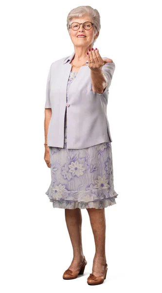 Full Body Senior Woman Inviting Come Confident Smiling Making Gesture — Stock Photo, Image