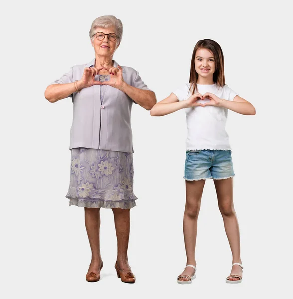 Full Body Elderly Lady Her Granddaughter Making Heart Hands Expressing — Stock Photo, Image