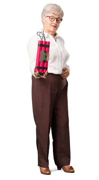 Full Body Senior Woman Very Scared Holding Dynamite Bomb Explode — Stock Photo, Image