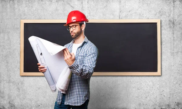 Concentrated Architect Man Grey Background — Stock Photo, Image