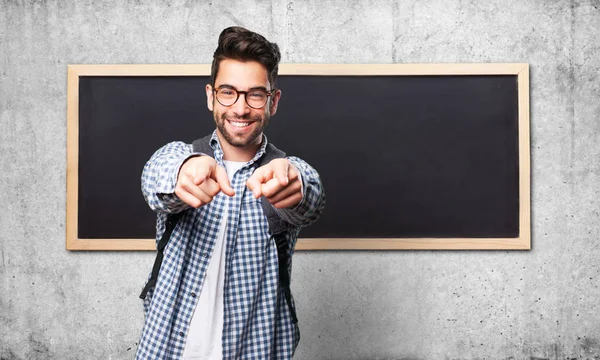 Student Man Aanwijsapparaat Voorzijde — Stockfoto