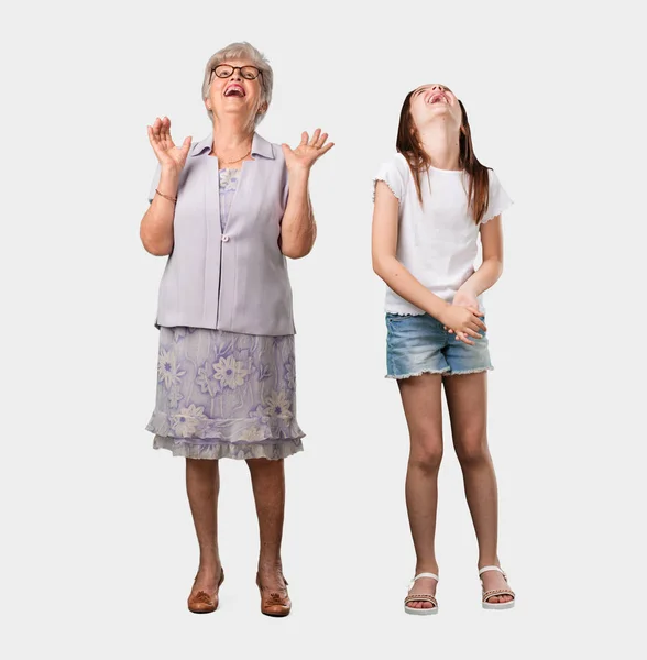 Full Body Elderly Lady Her Granddaughter Laughing Having Fun Being — Stock Photo, Image