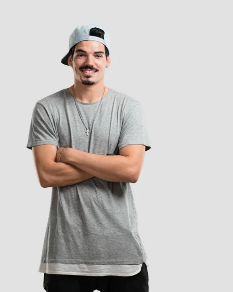 Young Rapper Man Crossing His Arms Smiling Happy Being Confident — Stock Photo, Image