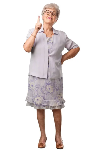 Full Body Senior Woman Showing Number One Symbol Counting Concept — Stock Photo, Image
