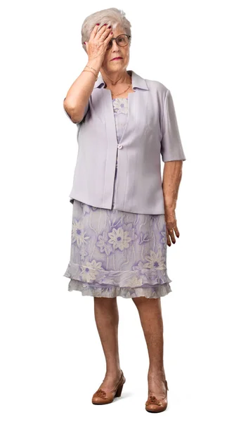 Full Body Senior Woman Worried Overwhelmed Forgetful Realize Something Expression — Stock Photo, Image