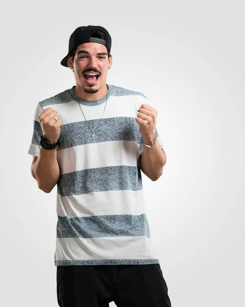 Young Rapper Man Very Happy Excited Raising Arms Celebrating Victory — Stock Photo, Image