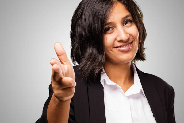 Latin Business Woman Doing Gun Gesture — Stock Photo, Image