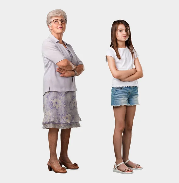 Full Body Elderly Lady Her Granddaughter Crossing His Arms Serious — Stock Photo, Image