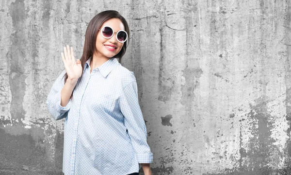 Asian Woman Greeting Grey Background — Stock Photo, Image