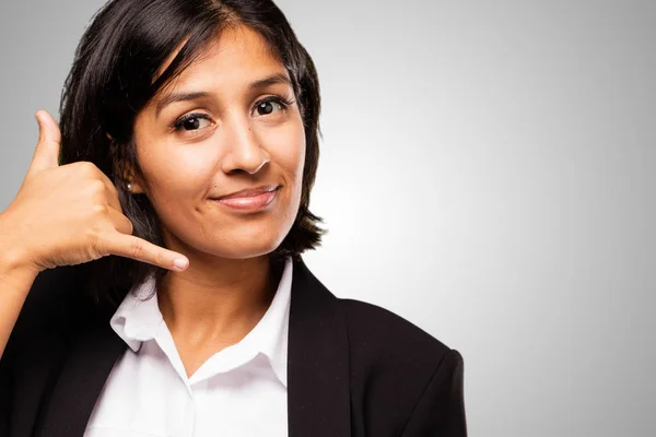 Latin Business Woman Doing Telephone Gesture — Stock Photo, Image