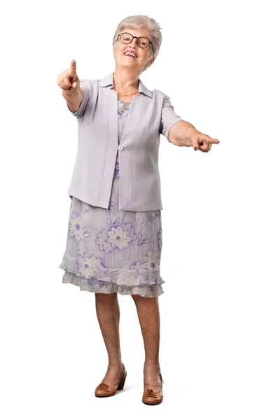 Full Body Senior Woman Cheerful Smiling Pointing Front — Stock Photo, Image