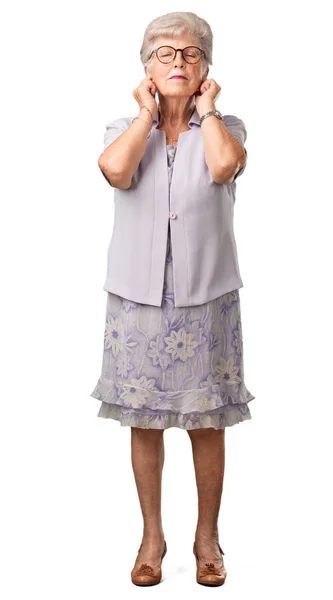 Full Body Senior Woman Covering Ears Hands Angry Tired Hearing — Stock Photo, Image