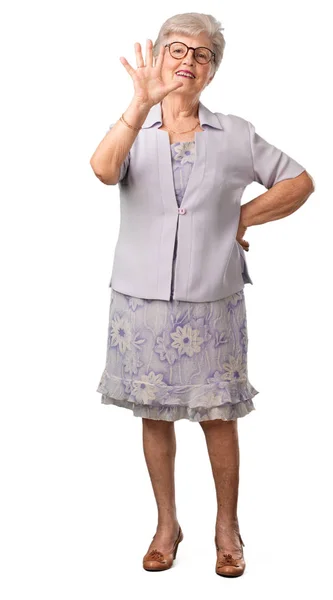 Senior Vrouw Volledige Lichaam Tonen Nummer Vijf Symbool Van Het — Stockfoto