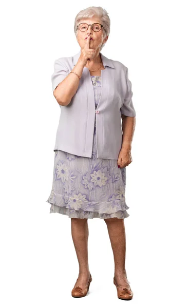 Full Body Senior Woman Keeping Secret Asking Silence Serious Face — Stock Photo, Image