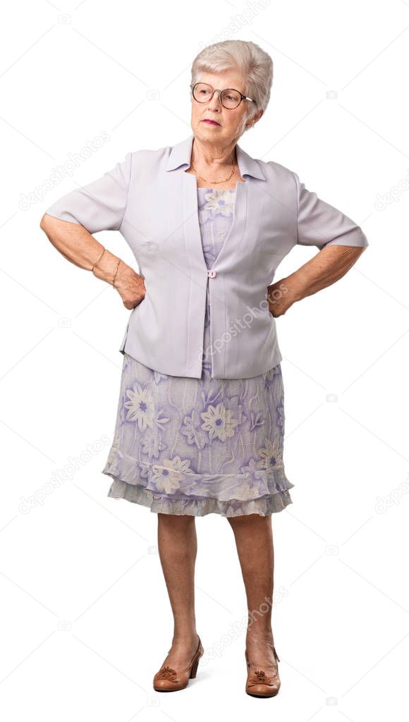 Full body senior woman very angry and upset, very tense, screaming furious, negative and crazy