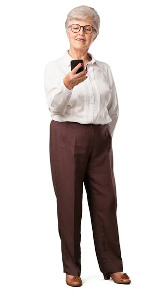 Full Body Senior Woman Closeup Hand Touching Mobile Using Internet — Stock Photo, Image