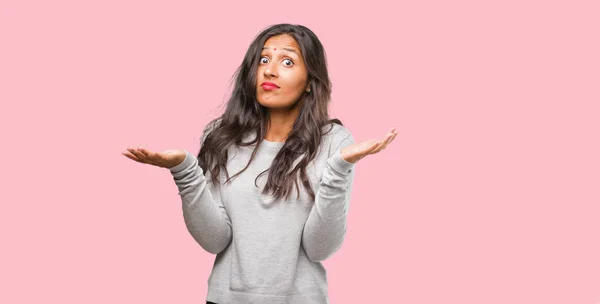 Portrait Young Indian Woman Doubting Shrugging Shoulders — Stock Photo, Image